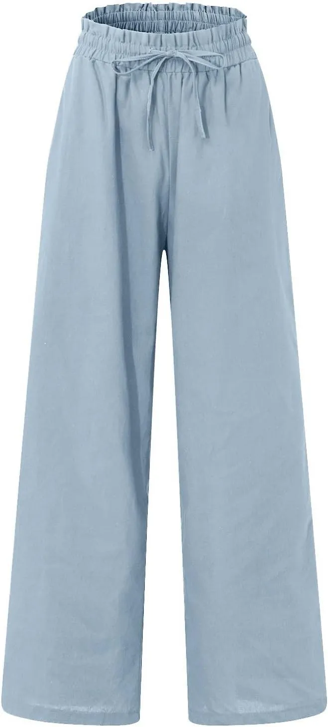 Linen Cropped Pants Women Drawstring High Waisted Boho Wide Leg Pants Summer Loose Paperbag Beach Pants with Pockets