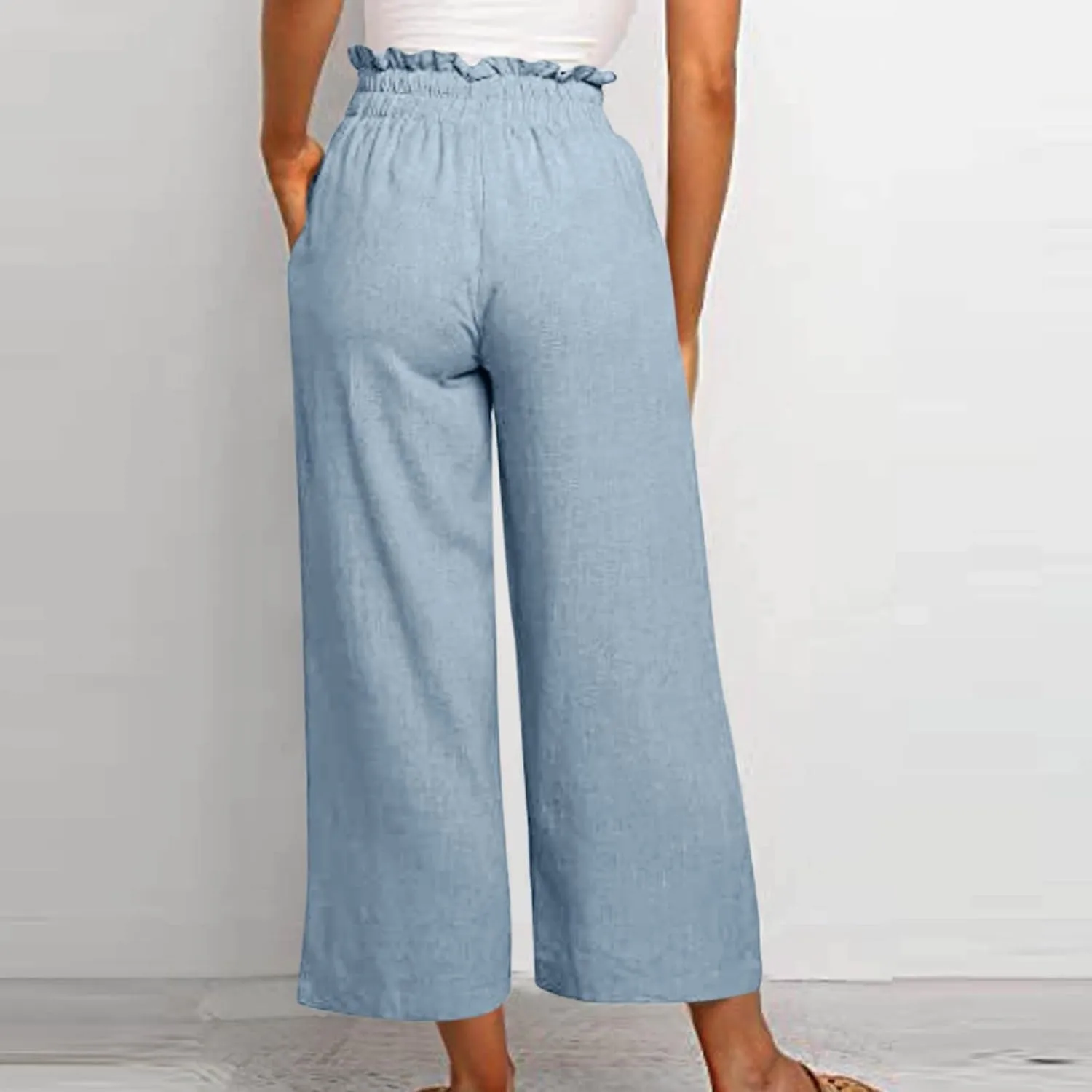Linen Cropped Pants Women Drawstring High Waisted Boho Wide Leg Pants Summer Loose Paperbag Beach Pants with Pockets