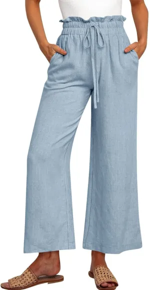 Linen Cropped Pants Women Drawstring High Waisted Boho Wide Leg Pants Summer Loose Paperbag Beach Pants with Pockets