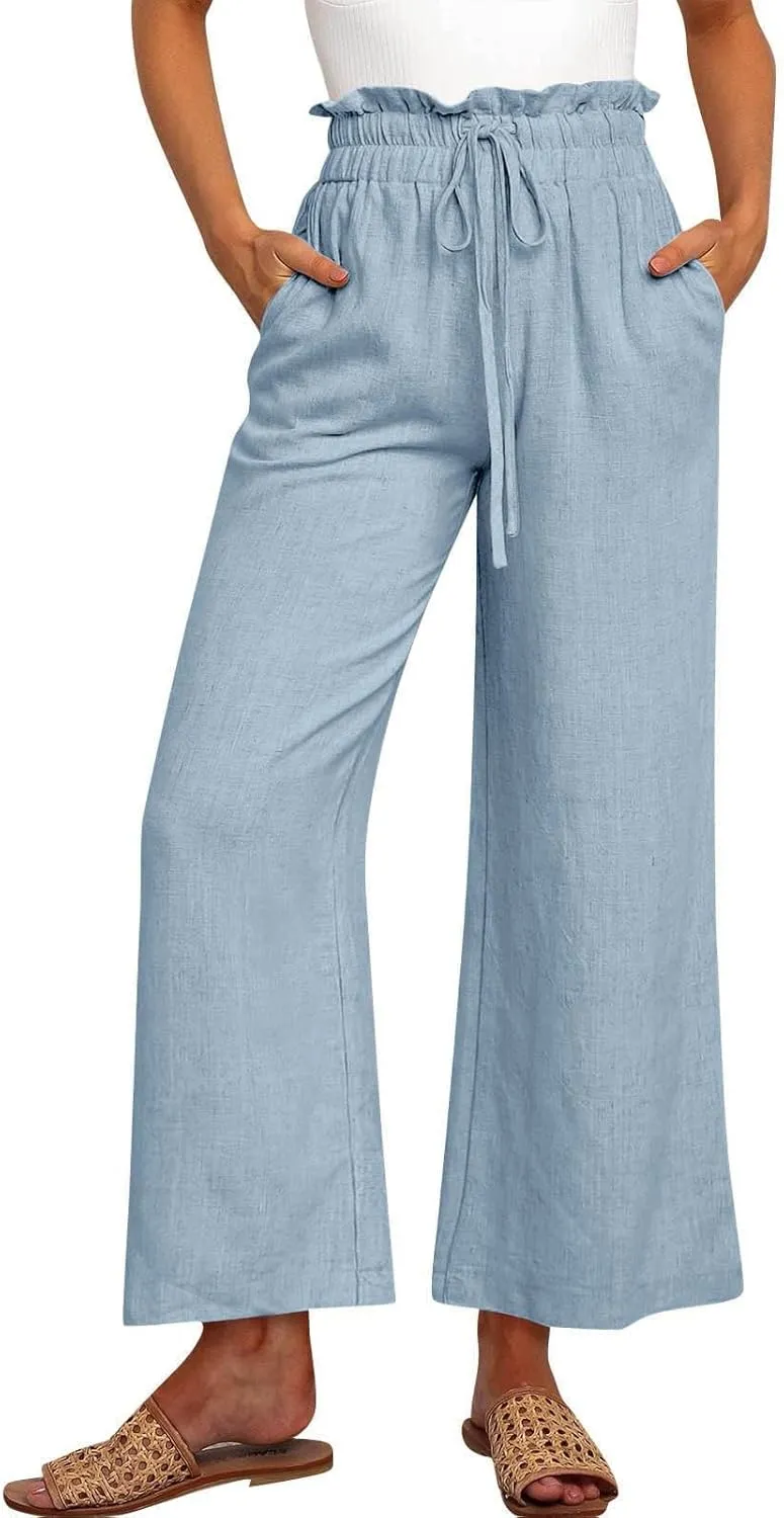 Linen Cropped Pants Women Drawstring High Waisted Boho Wide Leg Pants Summer Loose Paperbag Beach Pants with Pockets