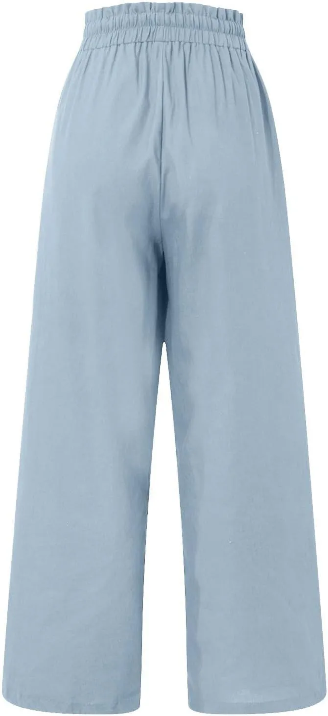Linen Cropped Pants Women Drawstring High Waisted Boho Wide Leg Pants Summer Loose Paperbag Beach Pants with Pockets