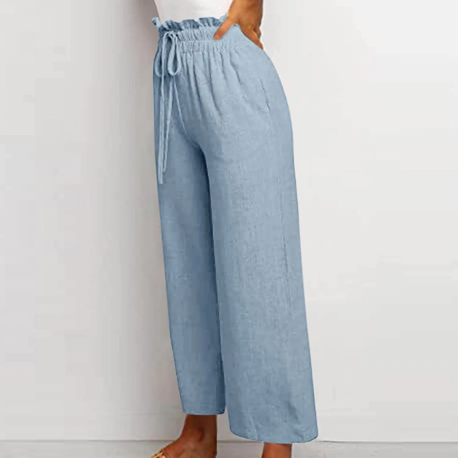 Linen Cropped Pants Women Drawstring High Waisted Boho Wide Leg Pants Summer Loose Paperbag Beach Pants with Pockets