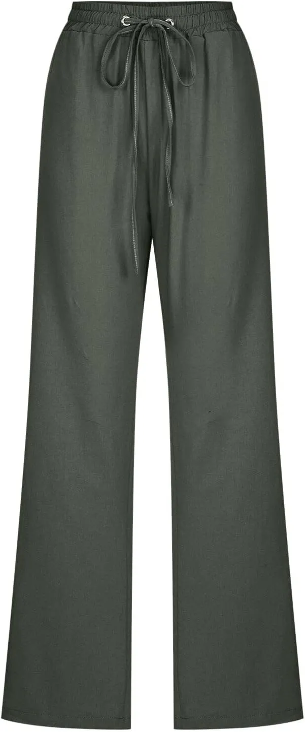 Linen Pants for Women 2025 Summmer Straight Leg Lounge Beach Pant High Waisted Elastic Drawstring with Pockets