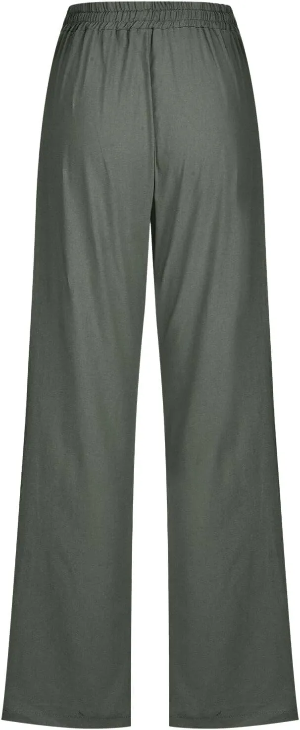 Linen Pants for Women 2025 Summmer Straight Leg Lounge Beach Pant High Waisted Elastic Drawstring with Pockets