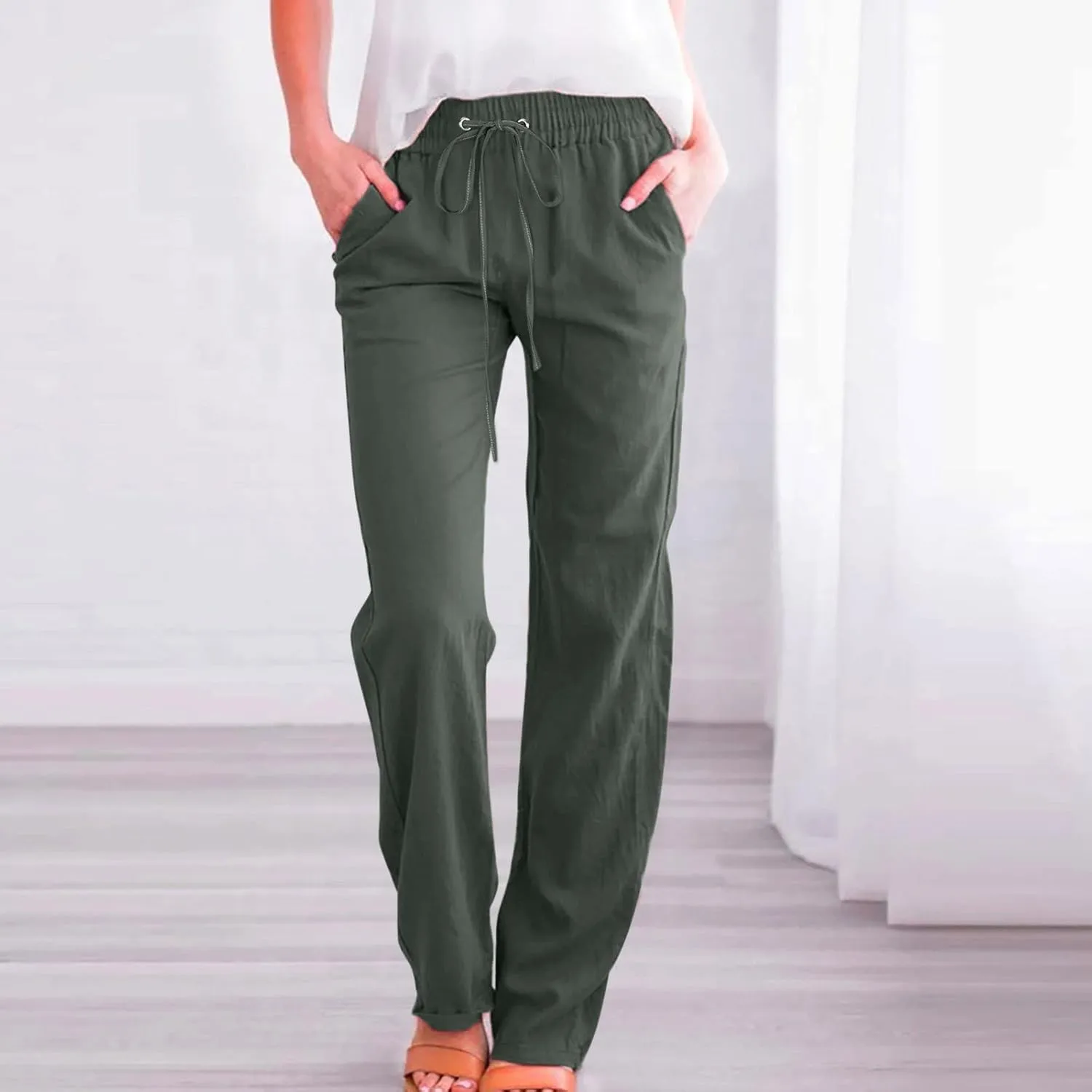 Linen Pants for Women 2025 Summmer Straight Leg Lounge Beach Pant High Waisted Elastic Drawstring with Pockets