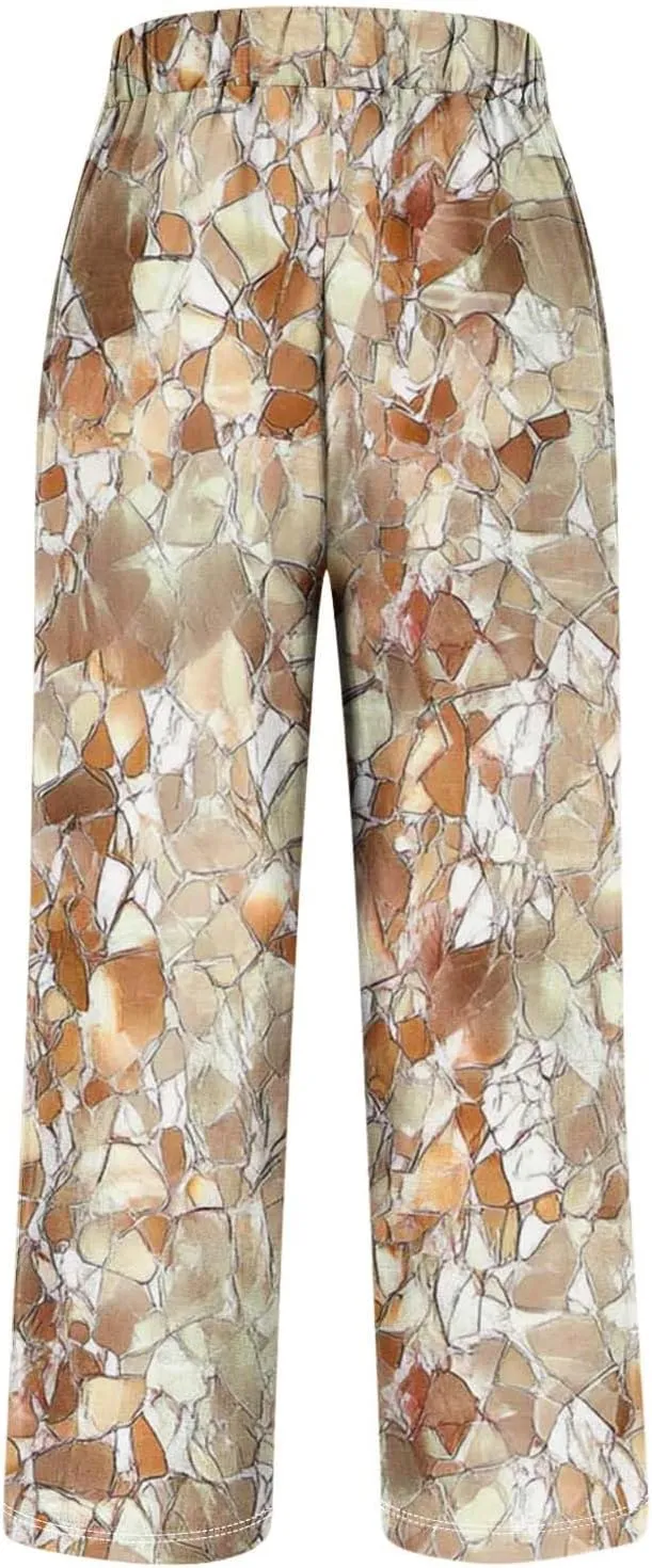 Linen Pants for Women Casual Tropical Floral Printed Rolled Pants Elastic High Waist Drawstring Summer Trousers