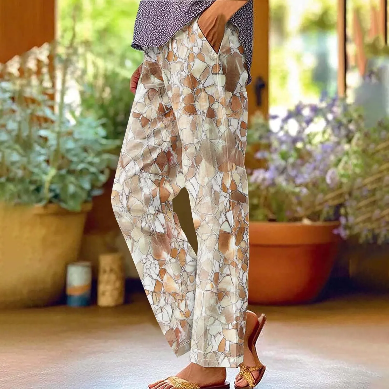 Linen Pants for Women Casual Tropical Floral Printed Rolled Pants Elastic High Waist Drawstring Summer Trousers