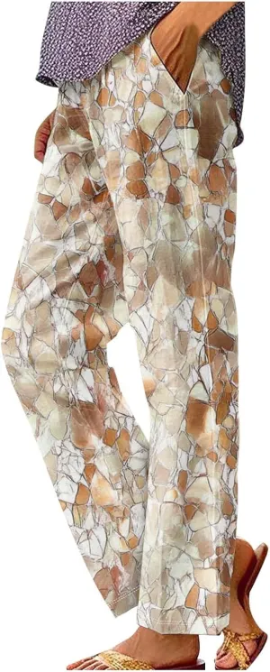 Linen Pants for Women Casual Tropical Floral Printed Rolled Pants Elastic High Waist Drawstring Summer Trousers