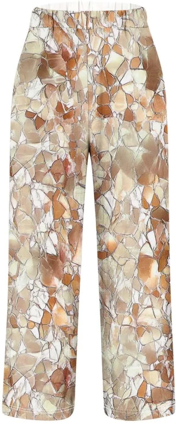 Linen Pants for Women Casual Tropical Floral Printed Rolled Pants Elastic High Waist Drawstring Summer Trousers