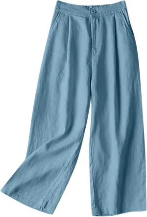 Linen Pants for Women Flowy Wide Leg Palazzo Pant High Waisted Drawstring Casual Pants Loose Lounge Beach Trouser