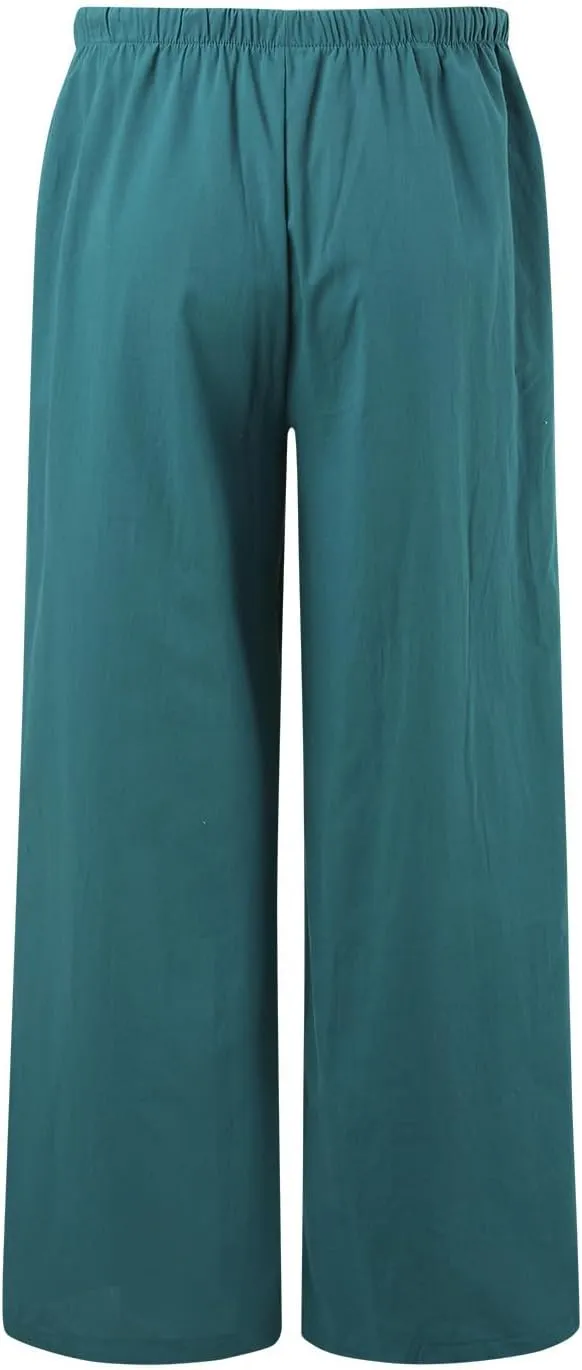 Linen Pants Women Cotton Linen Palazzo Flowy Pants Drawstring Elastic Waist Casual Wide Leg Trousers with Pockets