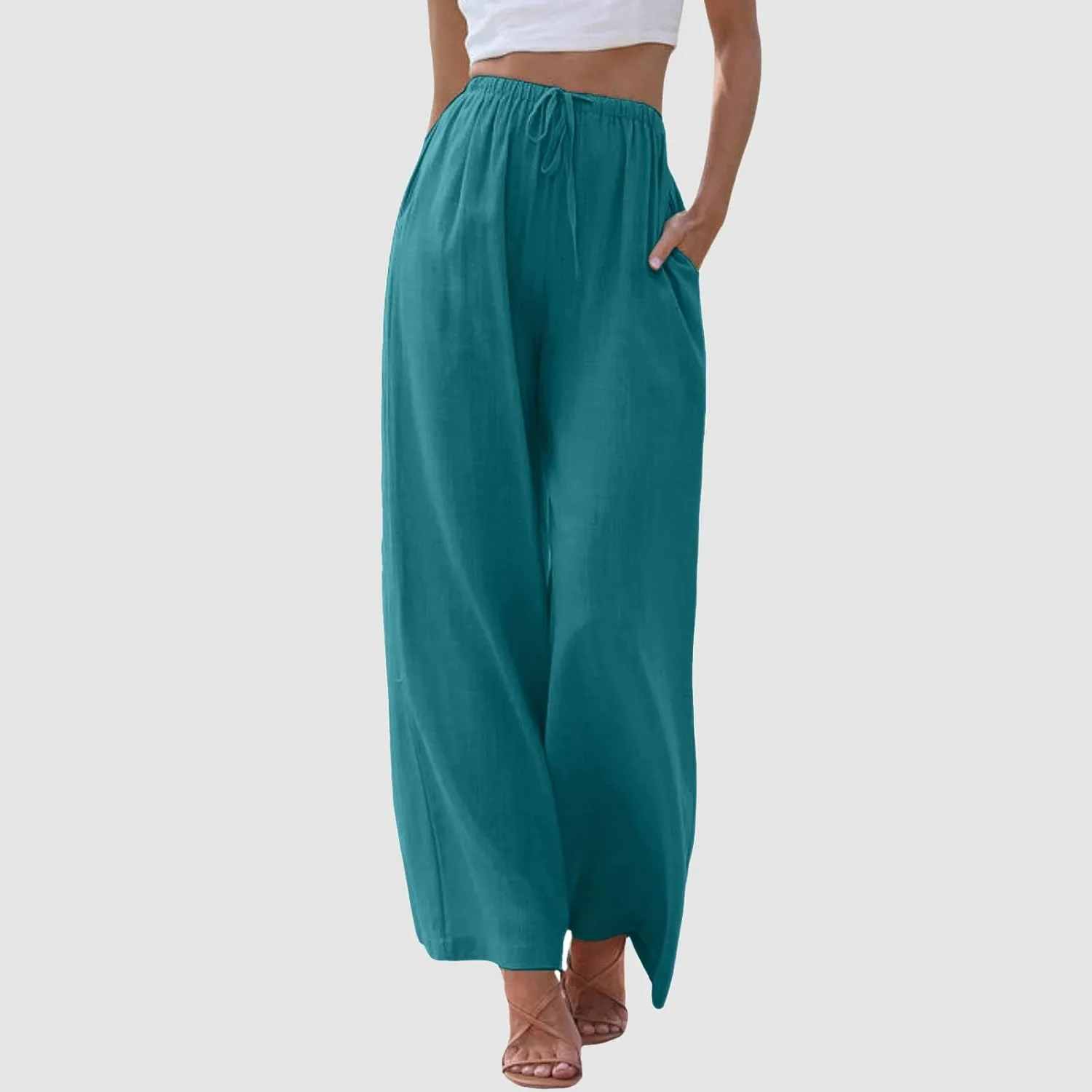 Linen Pants Women Cotton Linen Palazzo Flowy Pants Drawstring Elastic Waist Casual Wide Leg Trousers with Pockets