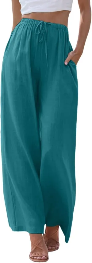 Linen Pants Women Cotton Linen Palazzo Flowy Pants Drawstring Elastic Waist Casual Wide Leg Trousers with Pockets