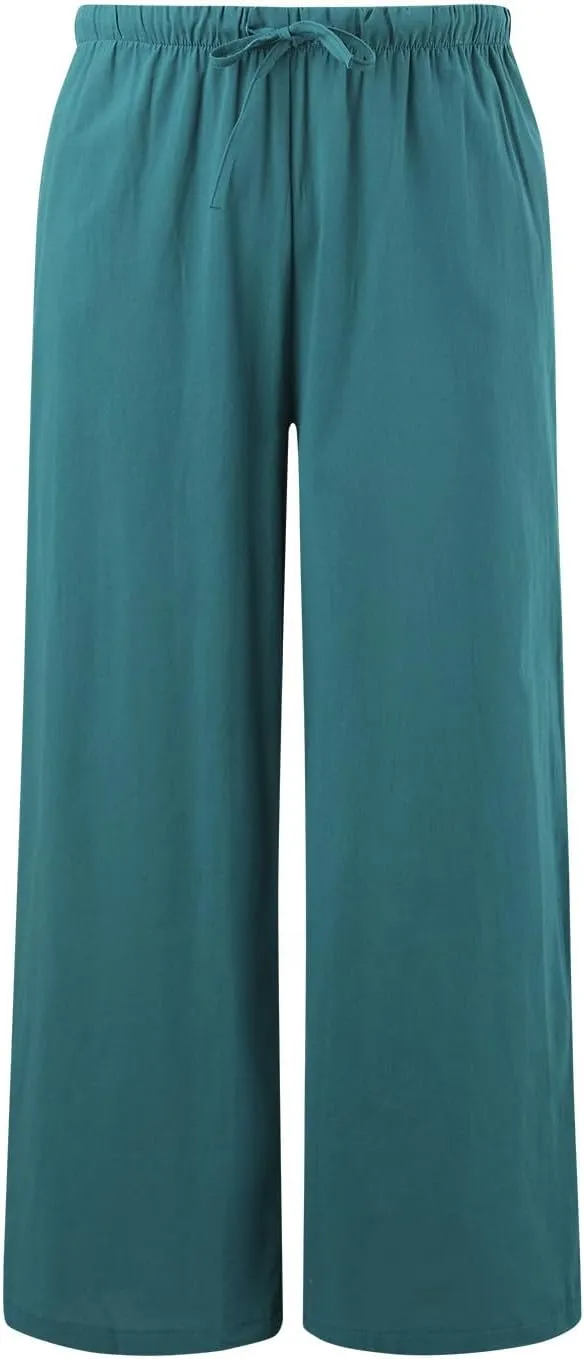 Linen Pants Women Cotton Linen Palazzo Flowy Pants Drawstring Elastic Waist Casual Wide Leg Trousers with Pockets
