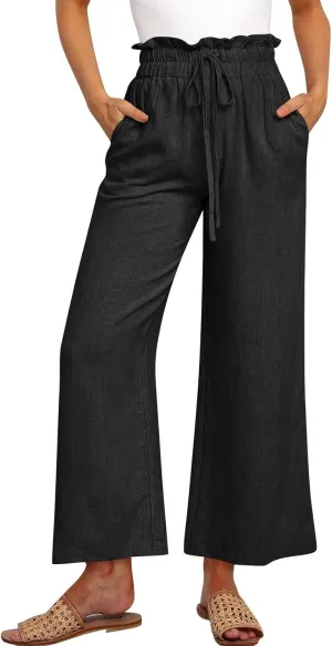 Linen Pants Women Drawstring High Waisted Cropped Wide Leg Pants Loose Boho Paperbag Beach Palazzo Pants with Pockets
