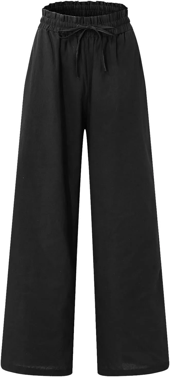Linen Pants Women Drawstring High Waisted Cropped Wide Leg Pants Loose Boho Paperbag Beach Palazzo Pants with Pockets
