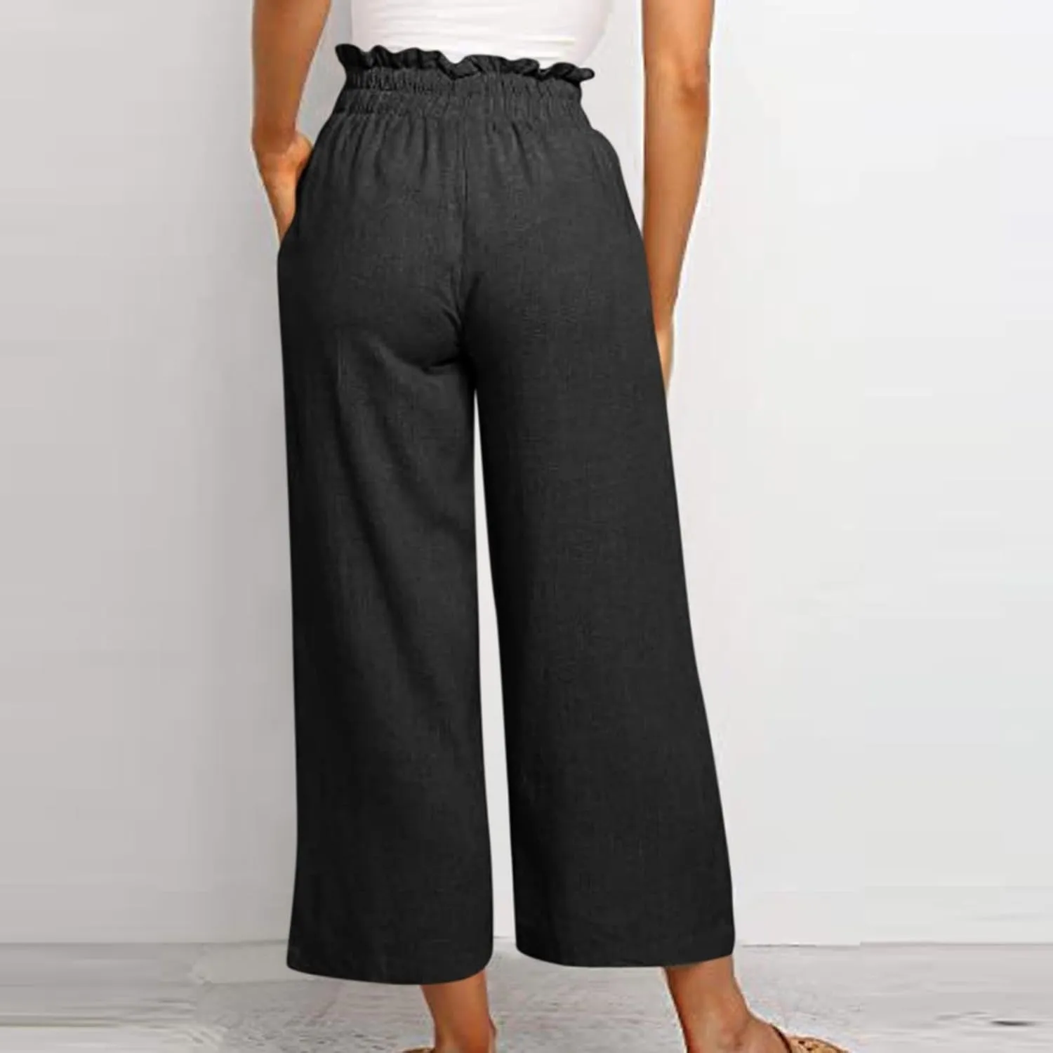 Linen Pants Women Drawstring High Waisted Cropped Wide Leg Pants Loose Boho Paperbag Beach Palazzo Pants with Pockets
