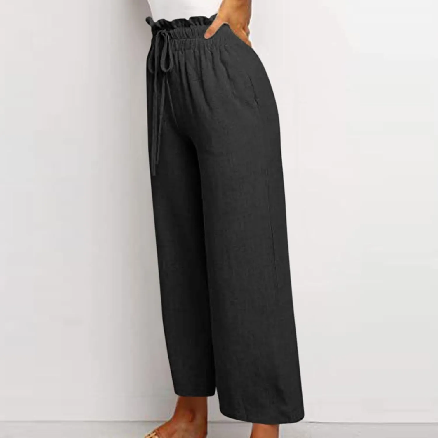 Linen Pants Women Drawstring High Waisted Cropped Wide Leg Pants Loose Boho Paperbag Beach Palazzo Pants with Pockets