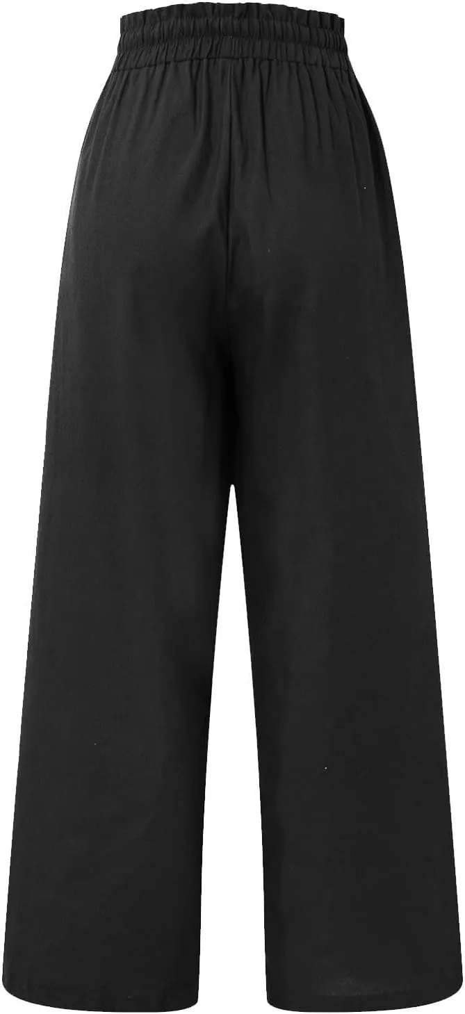 Linen Pants Women Drawstring High Waisted Cropped Wide Leg Pants Loose Boho Paperbag Beach Palazzo Pants with Pockets