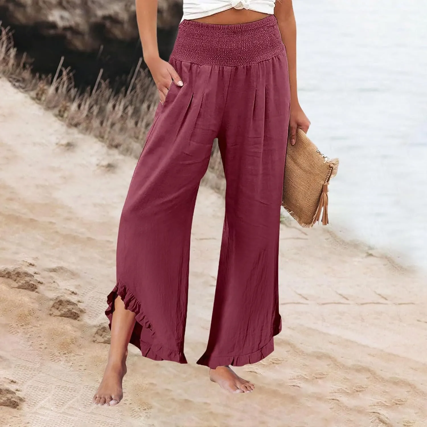 Linen Pants Women Summer Smocked High Waisted Wide Leg Palazzo Pants Casual Ruffle Flowy Beach Pants with Pockets
