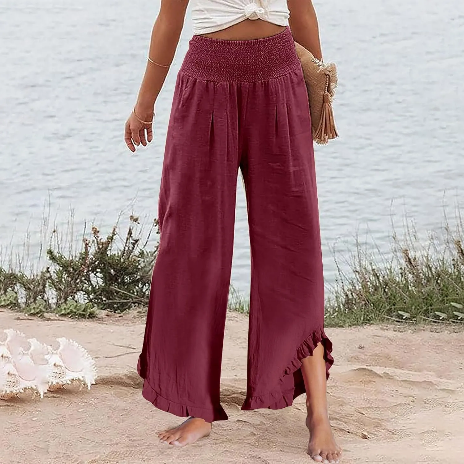 Linen Pants Women Summer Smocked High Waisted Wide Leg Palazzo Pants Casual Ruffle Flowy Beach Pants with Pockets