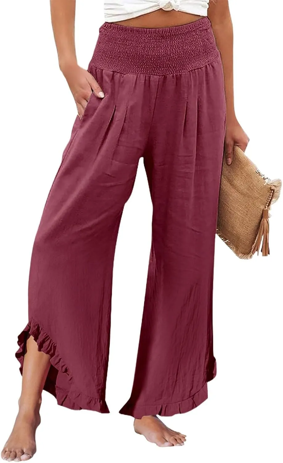 Linen Pants Women Summer Smocked High Waisted Wide Leg Palazzo Pants Casual Ruffle Flowy Beach Pants with Pockets