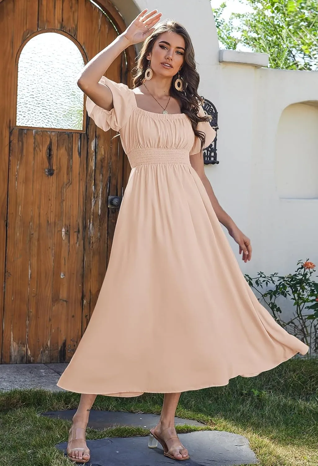 Linsery Women's Summer Square Neck Short Puff Sleeve Casual Smocked Flowy A Line Midi Dress