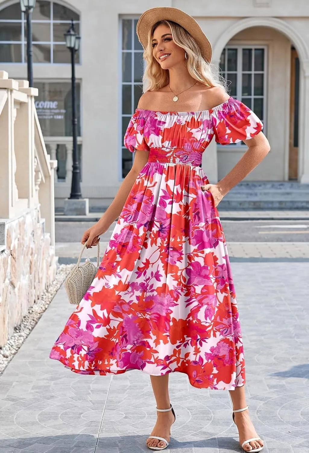 Linsery Women's Summer Square Neck Short Puff Sleeve Casual Smocked Flowy A Line Midi Dress