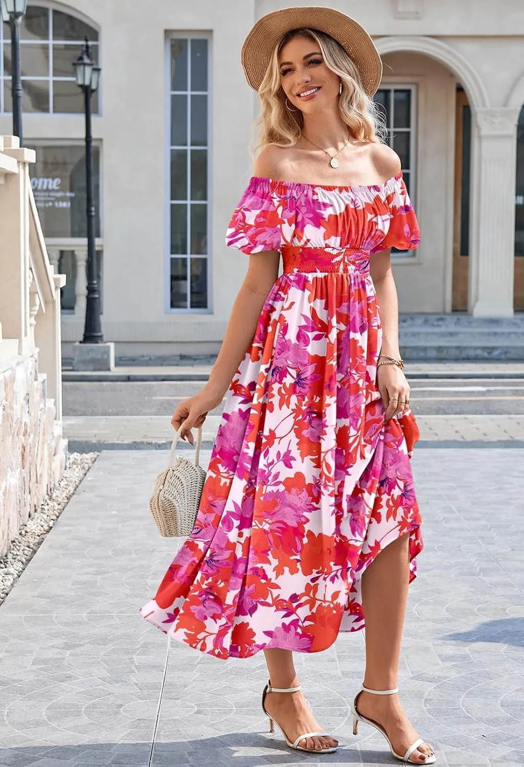 Linsery Women's Summer Square Neck Short Puff Sleeve Casual Smocked Flowy A Line Midi Dress