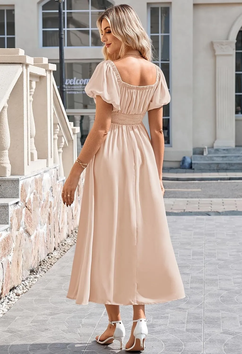 Linsery Women's Summer Square Neck Short Puff Sleeve Casual Smocked Flowy A Line Midi Dress