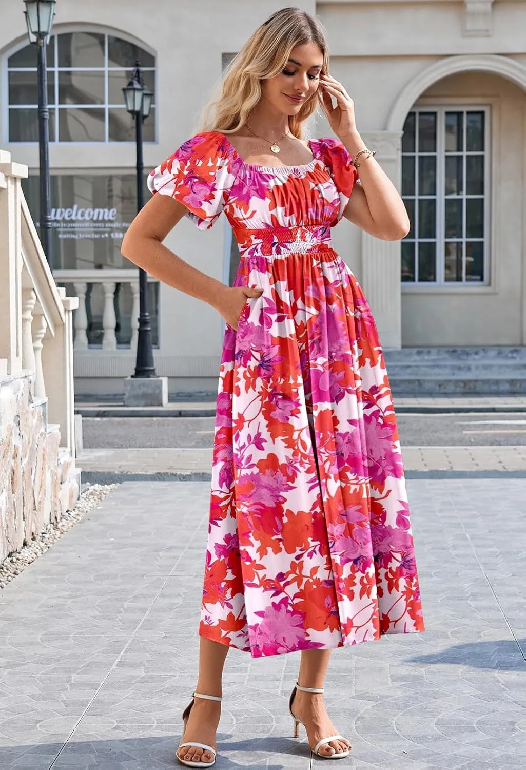 Linsery Women's Summer Square Neck Short Puff Sleeve Casual Smocked Flowy A Line Midi Dress