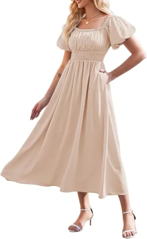 Linsery Women's Summer Square Neck Short Puff Sleeve Casual Smocked Flowy A Line Midi Dress