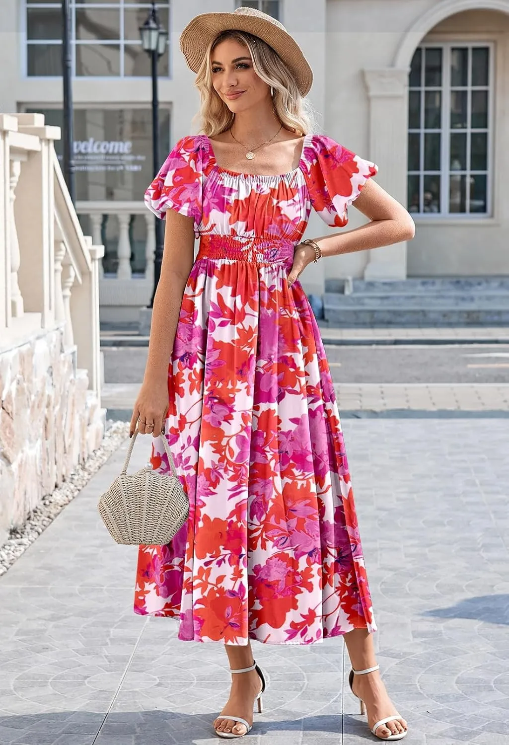 Linsery Women's Summer Square Neck Short Puff Sleeve Casual Smocked Flowy A Line Midi Dress