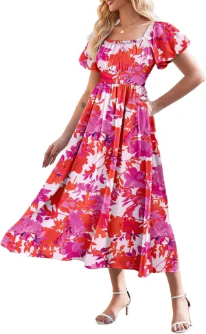 Linsery Women's Summer Square Neck Short Puff Sleeve Casual Smocked Flowy A Line Midi Dress