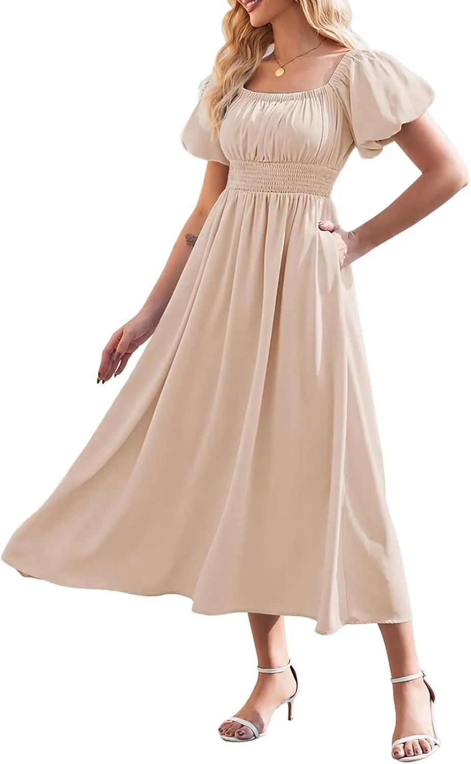 Linsery Women's Summer Square Neck Short Puff Sleeve Casual Smocked Flowy A Line Midi Dress