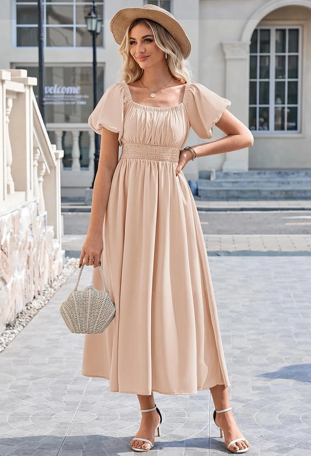 Linsery Women's Summer Square Neck Short Puff Sleeve Casual Smocked Flowy A Line Midi Dress