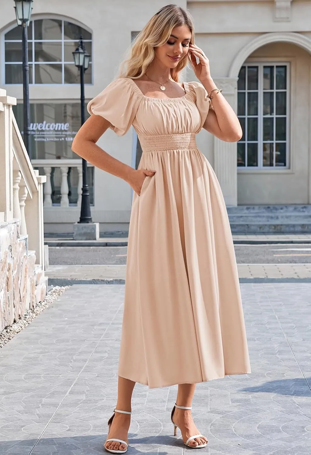 Linsery Women's Summer Square Neck Short Puff Sleeve Casual Smocked Flowy A Line Midi Dress