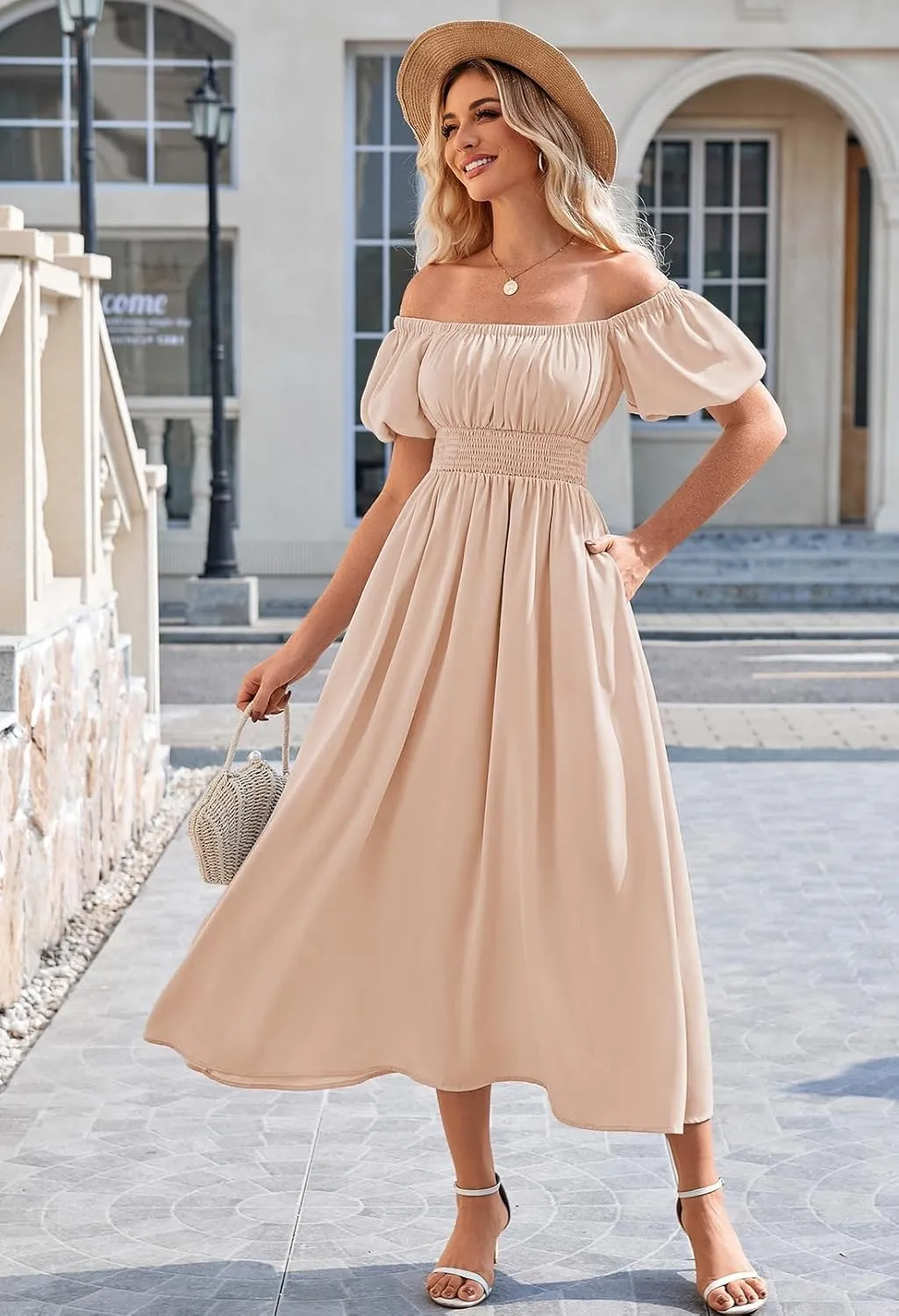 Linsery Women's Summer Square Neck Short Puff Sleeve Casual Smocked Flowy A Line Midi Dress