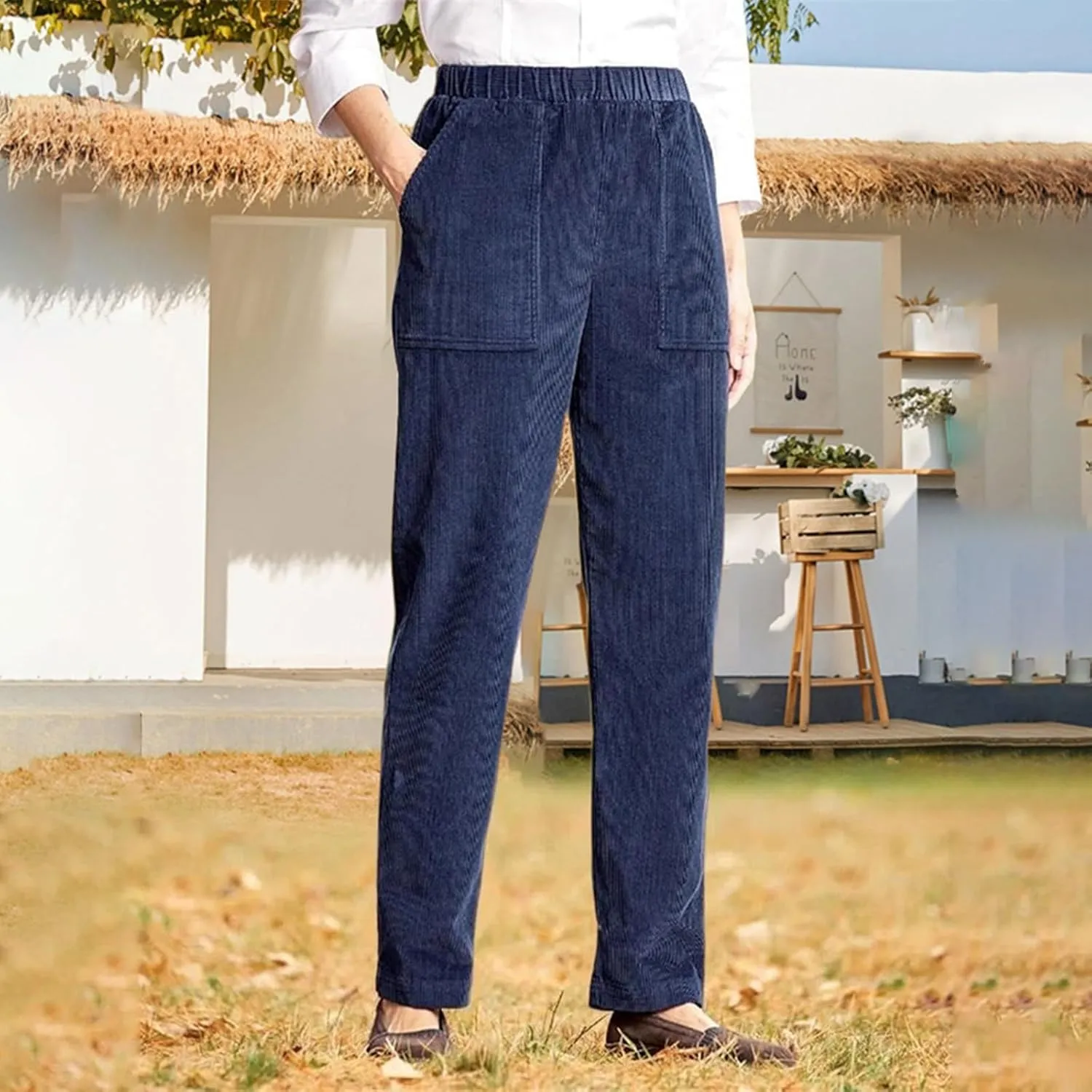 LOAIHA Corduroy Pants for Women Casual Drawstring Elastic High Waist Straight Leg Pants Trousers with Pockets