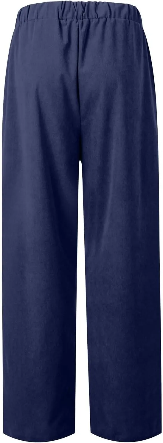 LOAIHA Corduroy Pants for Women Casual Drawstring Elastic High Waist Straight Leg Pants Trousers with Pockets