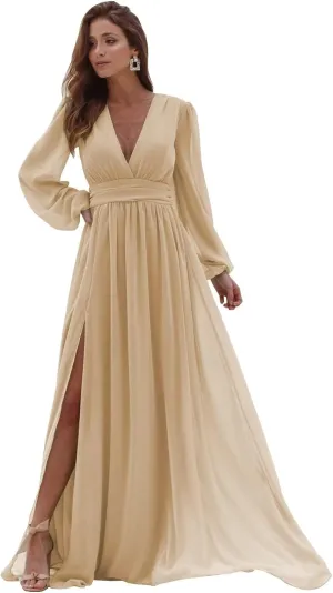 Long Sleeve Chiffon Bridesmaid Dresses for Wedding Pleated V-Neck A Line Formal Dresses