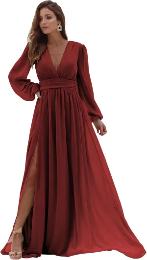 Long Sleeve Chiffon Bridesmaid Dresses for Wedding Pleated V-Neck A Line Formal Dresses