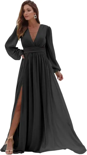 Long Sleeve Chiffon Bridesmaid Dresses for Wedding Pleated V-Neck A Line Formal Dresses