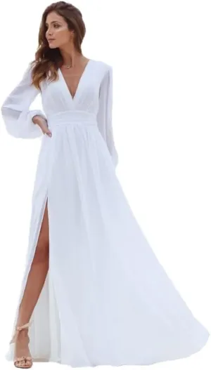 Long Sleeve Chiffon Bridesmaid Dresses for Wedding Pleated V-Neck A Line Formal Dresses