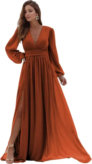 Long Sleeve Chiffon Bridesmaid Dresses for Wedding Pleated V-Neck A Line Formal Dresses