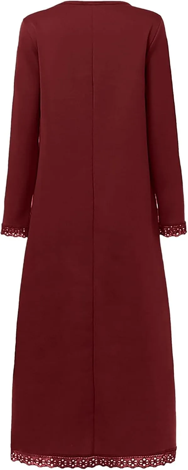 Long Sleeve Sweatshirt Maxi Dress for Women Casual Lace Trim Long Dresses Crewneck Loose Pocket Ankle Dresses