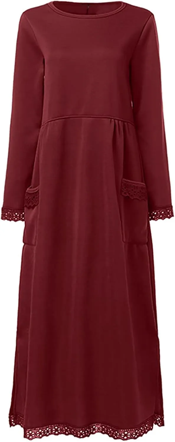 Long Sleeve Sweatshirt Maxi Dress for Women Casual Lace Trim Long Dresses Crewneck Loose Pocket Ankle Dresses