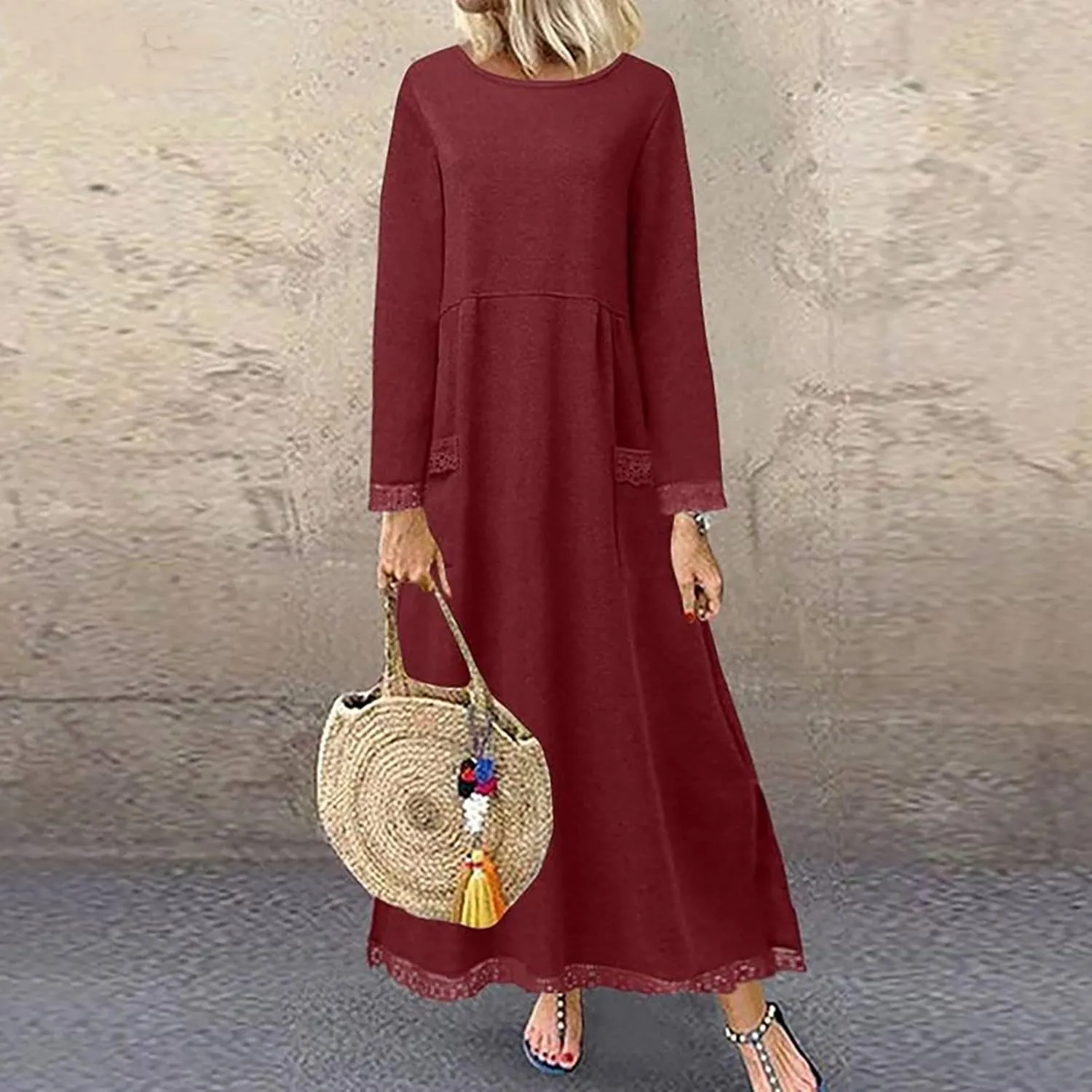 Long Sleeve Sweatshirt Maxi Dress for Women Casual Lace Trim Long Dresses Crewneck Loose Pocket Ankle Dresses