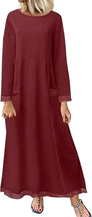 Long Sleeve Sweatshirt Maxi Dress for Women Casual Lace Trim Long Dresses Crewneck Loose Pocket Ankle Dresses