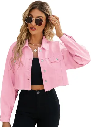 LONGYIDA Women's Cropped Denim Jacket | Distressed Button-Down Jean Jacket | Long Sleeve Ripped & Frayed Blue Coat